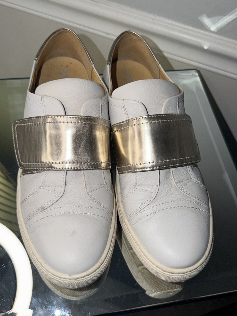 White Leather Slip-On Sneakers with Metallic Gold Strap